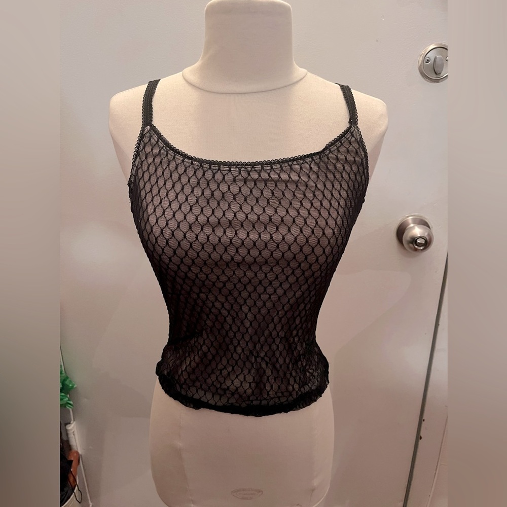 90s vintage Fragile by XOXO cami, junior M, nude illusion black nylon mesh